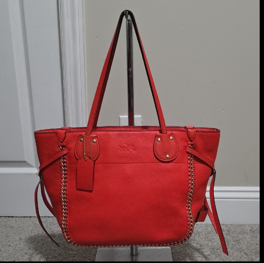 Coach Coral-Red Leather Tote with Whipstitch Accents - Picture 2 of 16